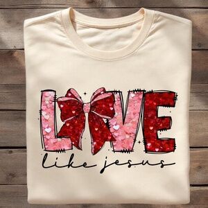 Love Like Jesus T-sirt short sleeve Sand Inspirational Faux Sequins S M L XL